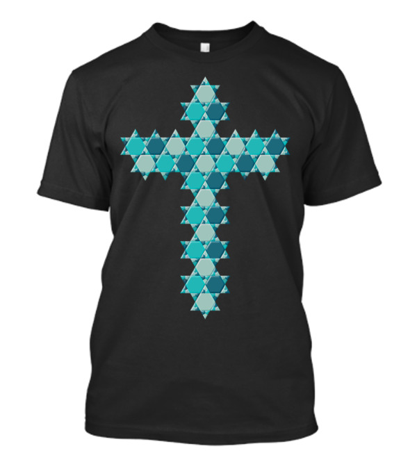 Blue Star Of David Optical Illusion Over Cross T-Shirt