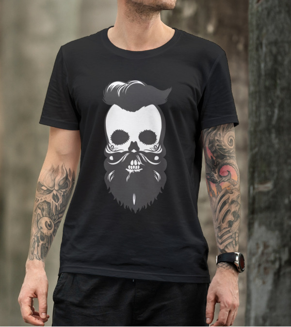 Bearded Mustache Skull With Hair T-Shirt