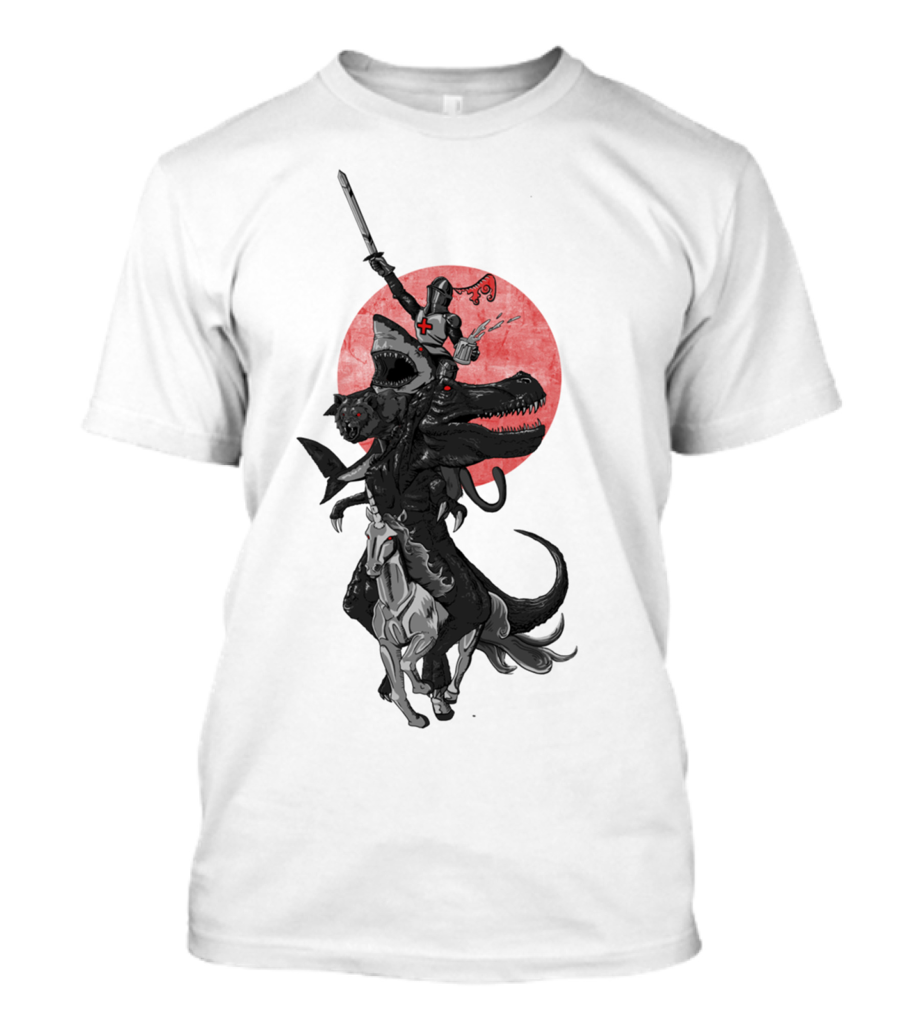 A Knight Riding A Dinosaur With A Sword And Cross On His Shield T-Shirt