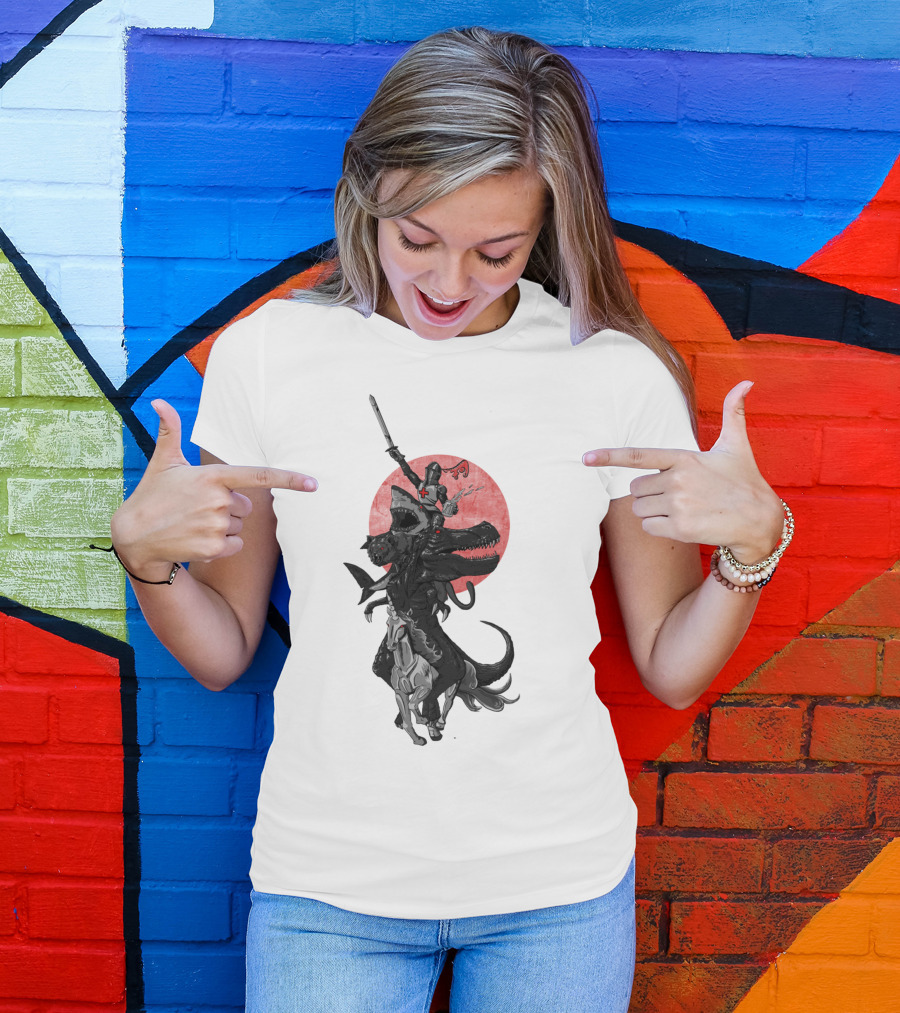 A Knight Riding A Dinosaur With A Sword And Cross On His Shield T-Shirt