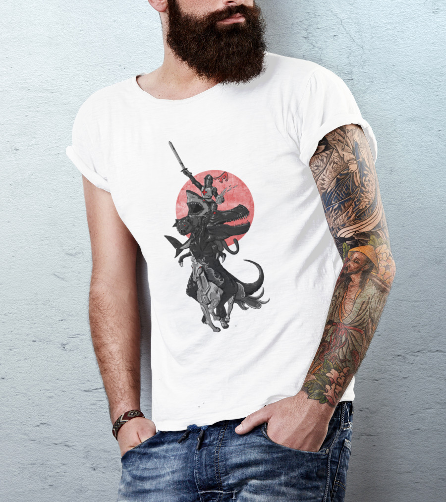 A Knight Riding A Dinosaur With A Sword And Cross On His Shield T-Shirt