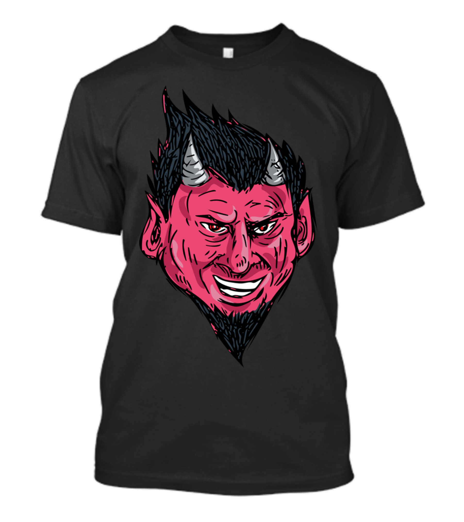 Demon Horns Goatee Head Drawing Red Face Grinning Devil T-Shirt