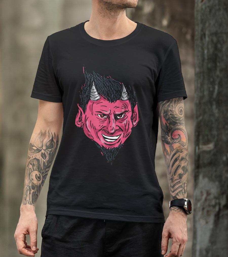 Demon Horns Goatee Head Drawing Red Face Grinning Devil T-Shirt