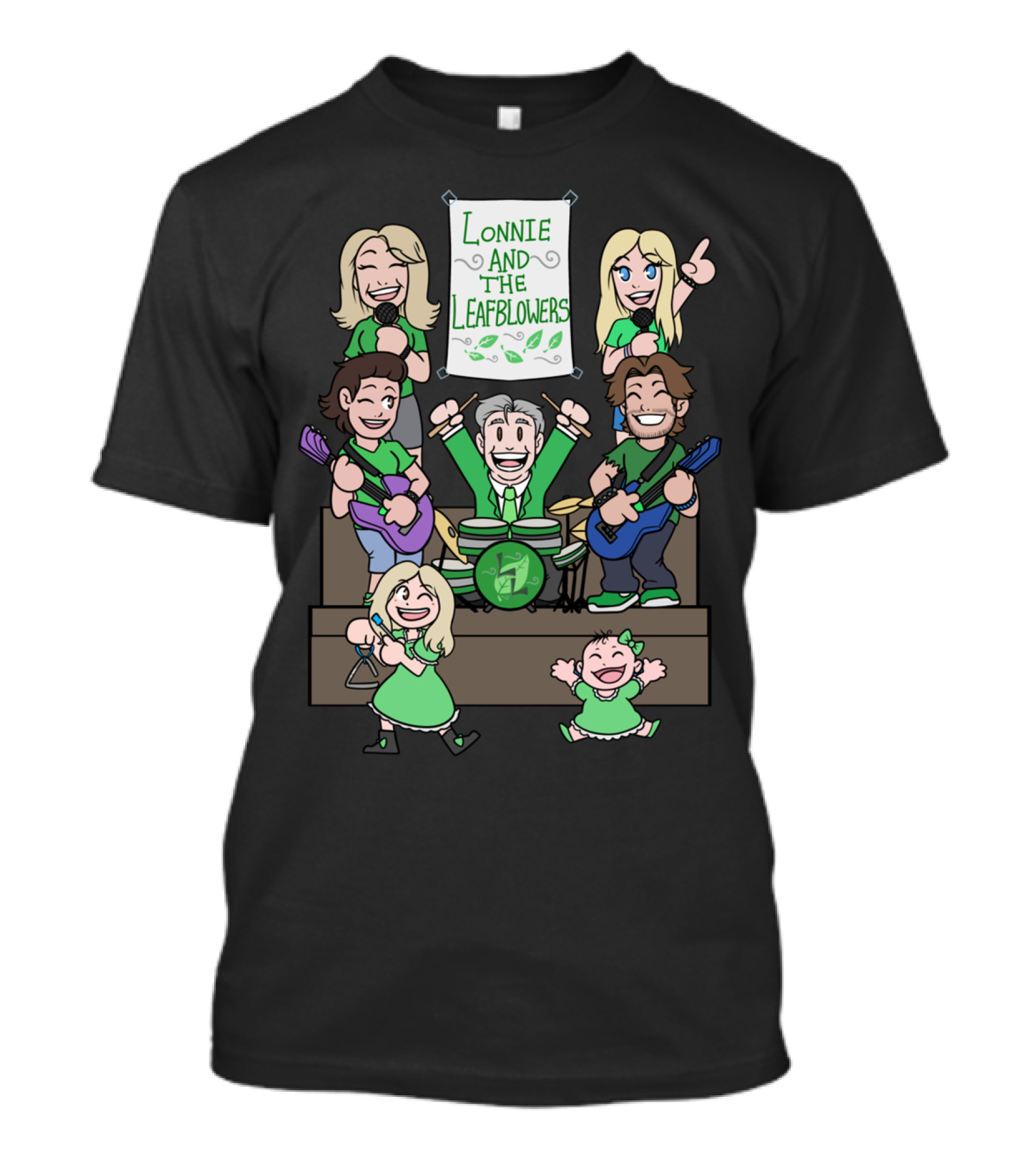 Lonnie And The Leafblowers Cartoon Band Performance With Musical Instruments And Joyful Characters T-Shirt