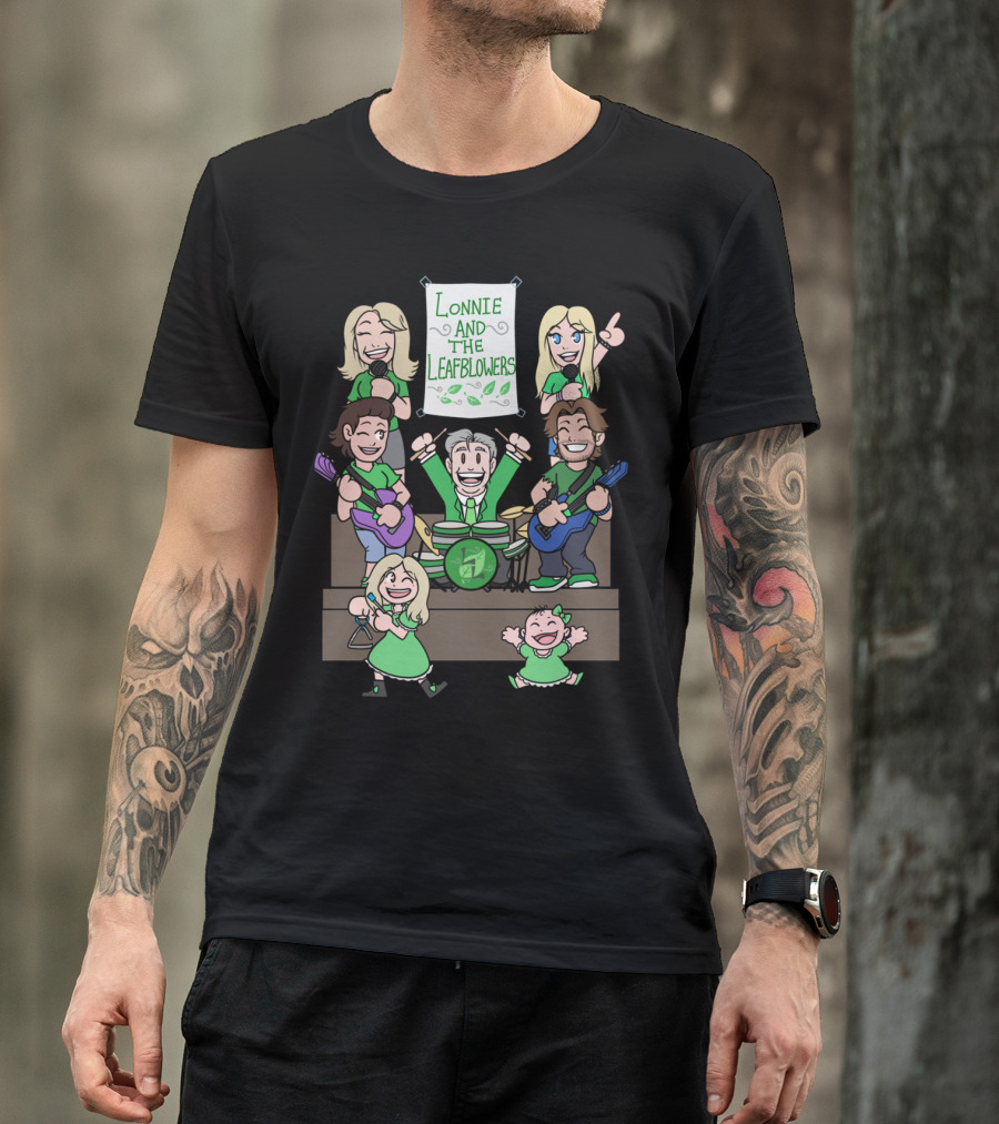 Lonnie And The Leafblowers Cartoon Band Performance With Musical Instruments And Joyful Characters T-Shirt