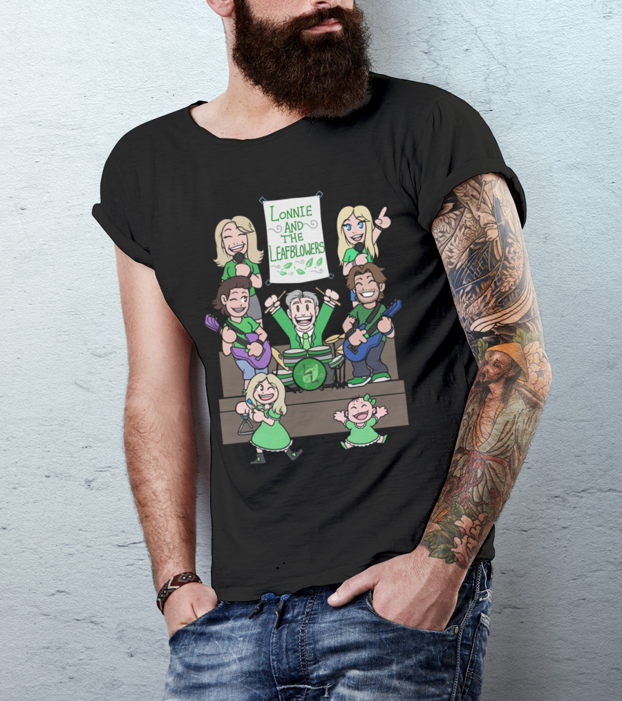Lonnie And The Leafblowers Cartoon Band Performance With Musical Instruments And Joyful Characters T-Shirt
