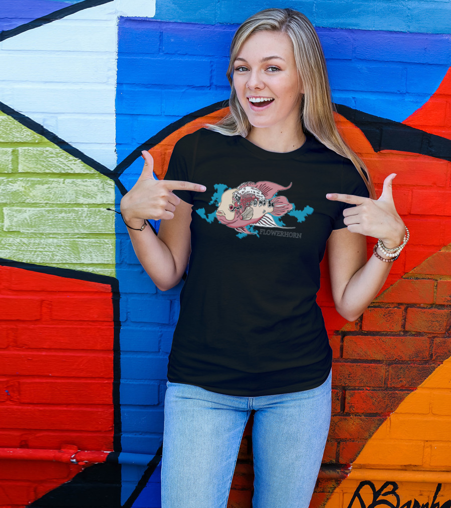 Flower Horn Cichlid Fish Illustration With Blue Water Splash T-Shirt