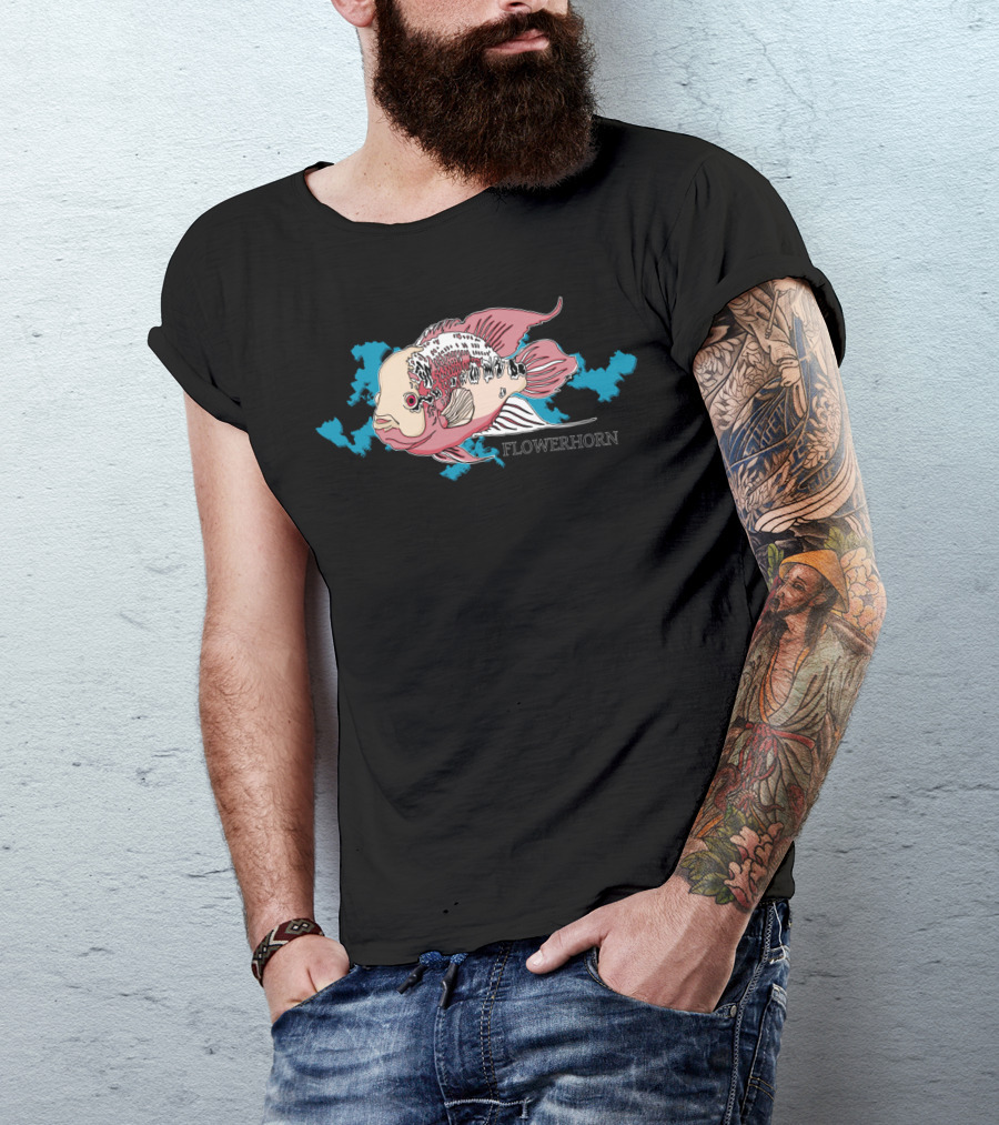 Flower Horn Cichlid Fish Illustration With Blue Water Splash T-Shirt