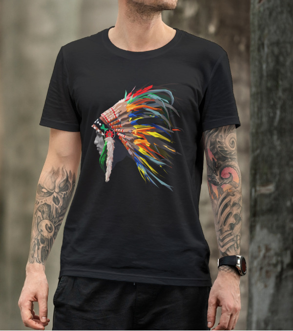 Rainbow Headdress Chief Profile With Multicolor Feather Headgear T-Shirt