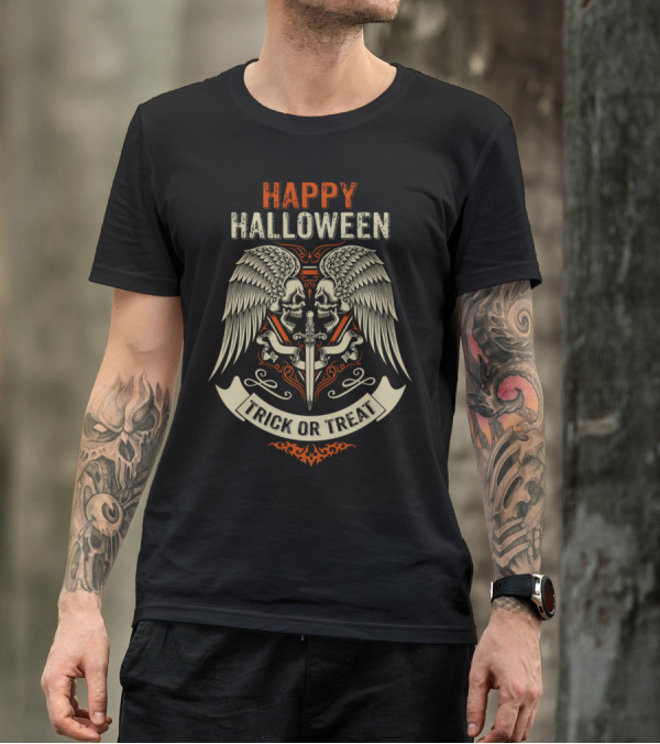 HAPPY HALLOWEEN TRICK OR TREAT SKULL WINGS SWORD EMBLEM T-Shirt