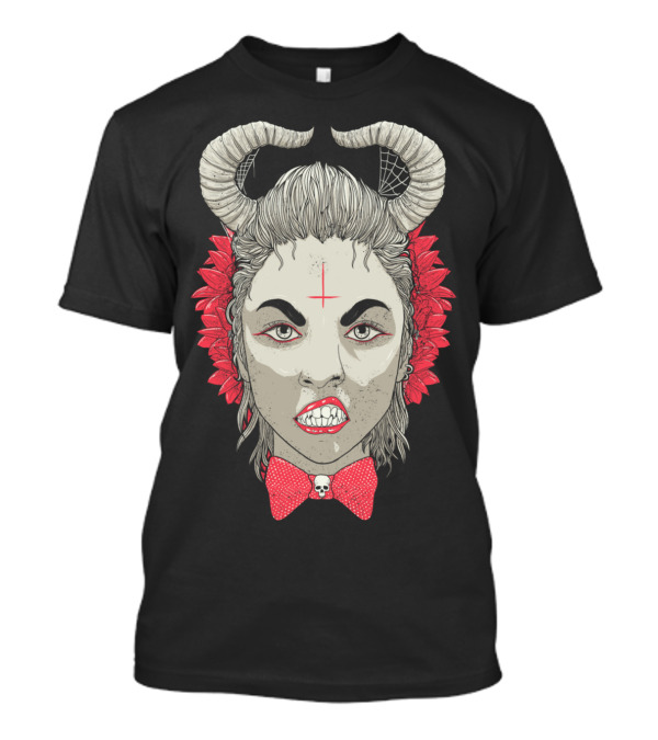 Demon Girl Ped Gothic Horns Red Flowers Skull Bowtie T-Shirt