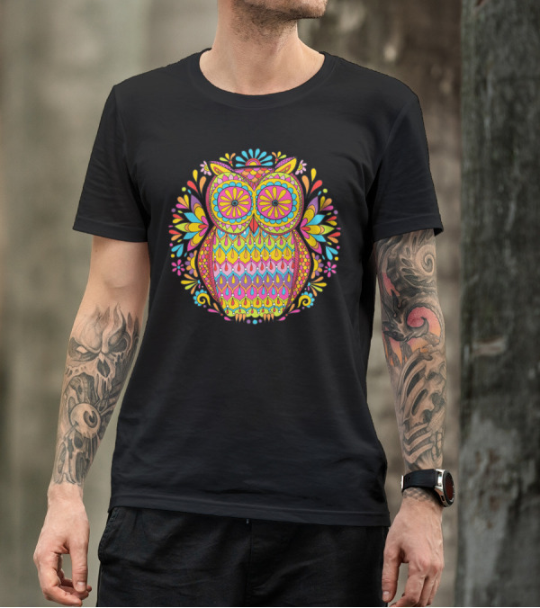 Psychedelic Hippie Owl Mandala Vibrant Colorful Retro T-Shirt