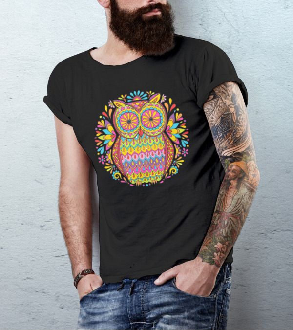 Psychedelic Hippie Owl Mandala Vibrant Colorful Retro T-Shirt
