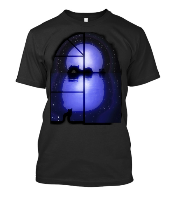 A Little Night Music Moonlit Scene With Cat Silhouette And Starry Reflection T-Shirt