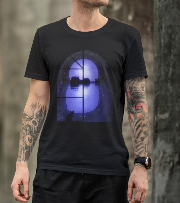 A Little Night Music Moonlit Scene With Cat Silhouette And Starry Reflection T-Shirt