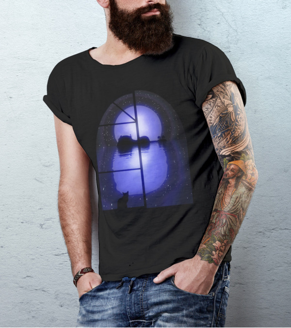 A Little Night Music Moonlit Scene With Cat Silhouette And Starry Reflection T-Shirt