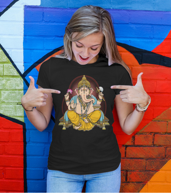 LORD GANESHA Traditional Hindu Deity Illustration With Lotus And Modak T-Shirt
