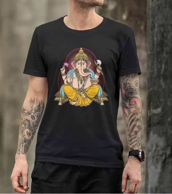 LORD GANESHA Traditional Hindu Deity Illustration With Lotus And Modak T-Shirt