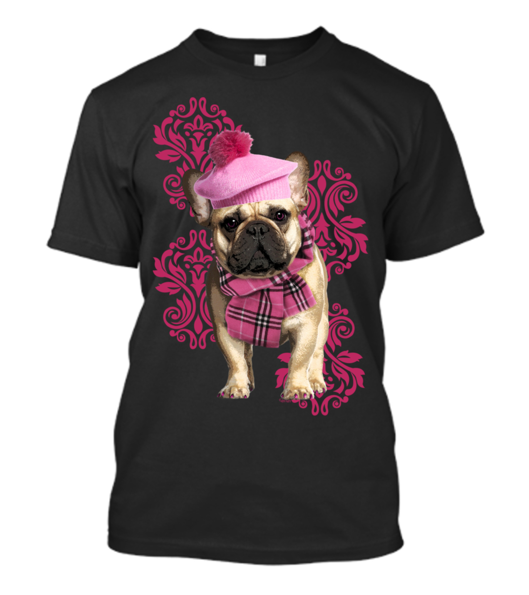 Chic Dog Pink Beret And Scarf With Ornate Floral T-Shirt