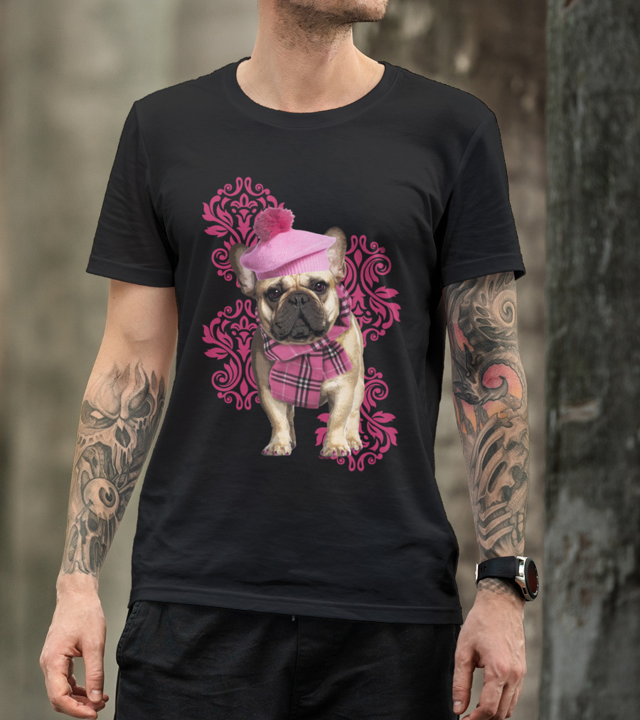 Chic Dog Pink Beret And Scarf With Ornate Floral T-Shirt