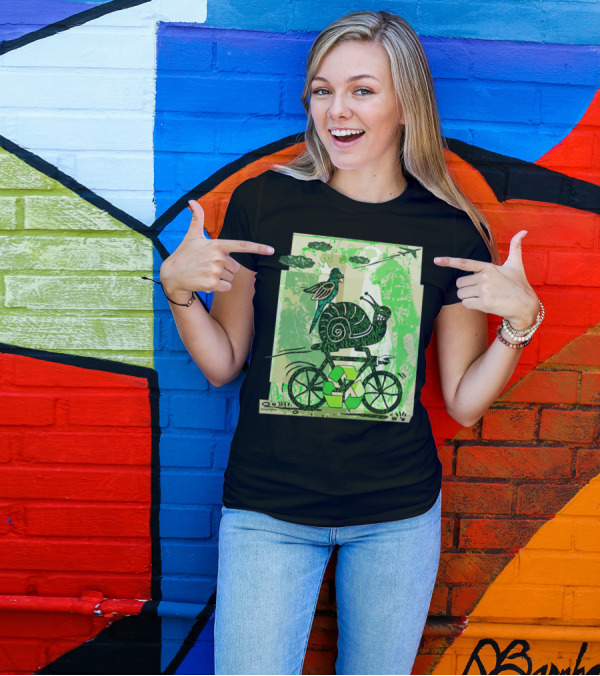 A Little Slow To Recycle Snail And Bird On Bicycle With Green Recycling Symbols T-Shirt