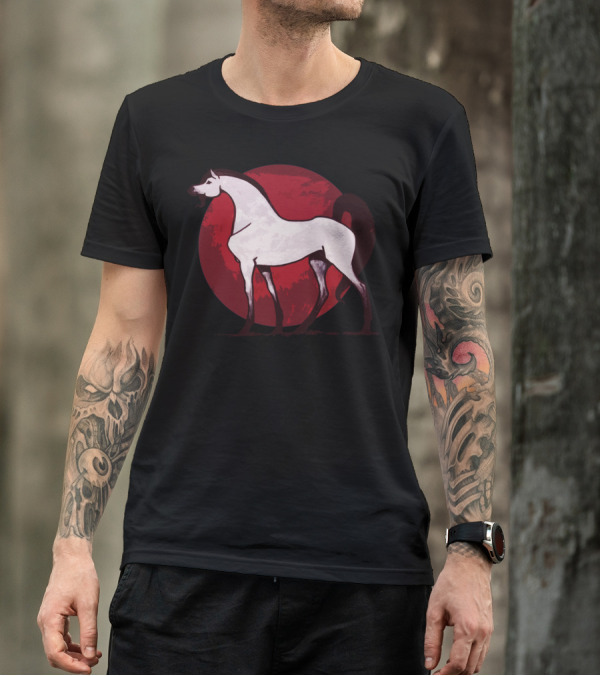 Equus Caballus White Horse On Red Circle Background T-Shirt
