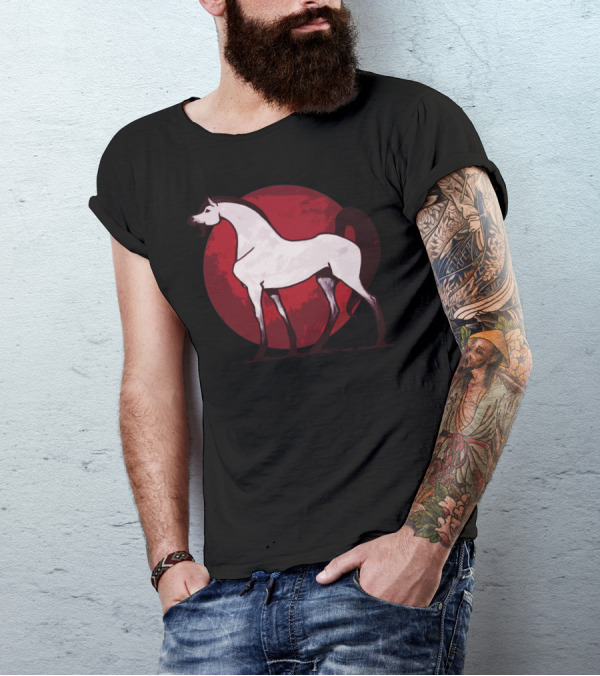 Equus Caballus White Horse On Red Circle Background T-Shirt