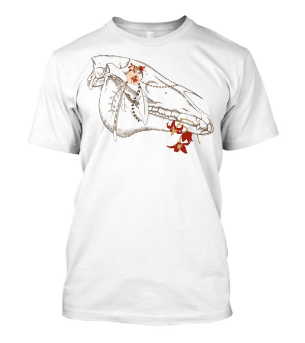 Equus Ferus Caballus Floral Horse Skull With Red And White Flowers T-Shirt