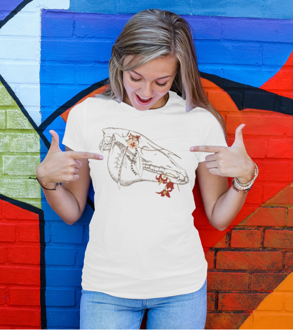 Equus Ferus Caballus Floral Horse Skull With Red And White Flowers T-Shirt