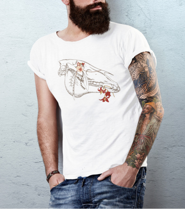 Equus Ferus Caballus Floral Horse Skull With Red And White Flowers T-Shirt
