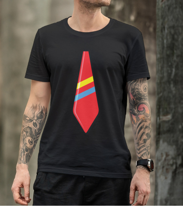 Busy Red Tie With Yellow And Blue Stripes T-Shirt