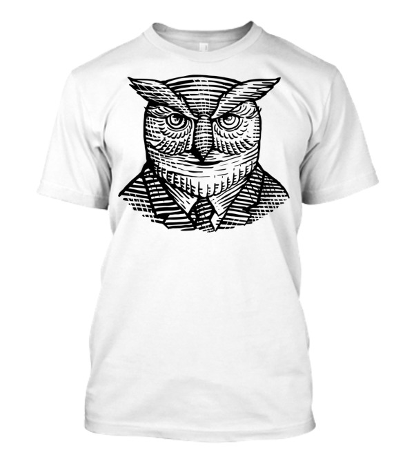 Hipster Owl In Suit Woodcut T-Shirt