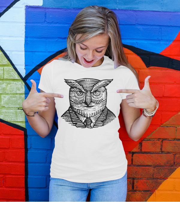 Hipster Owl In Suit Woodcut T-Shirt