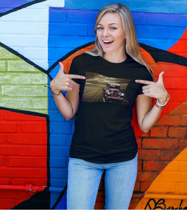 A Long Road Vintage Car On Endless Highway In Desert Scene T-Shirt