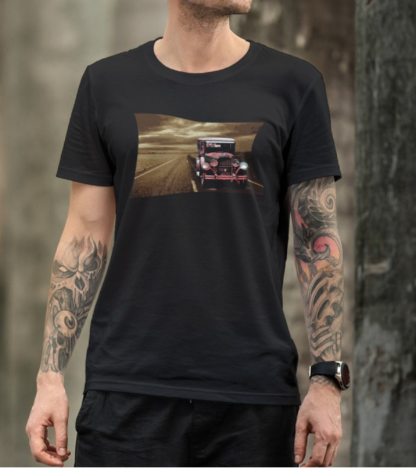 A Long Road Vintage Car On Endless Highway In Desert Scene T-Shirt