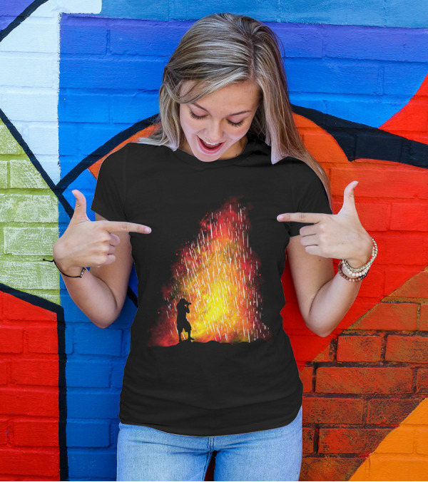 Eruption Volcano Silhouette Saxophone Player In Fiery Explosion T-Shirt