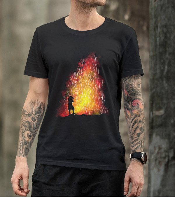 Eruption Volcano Silhouette Saxophone Player In Fiery Explosion T-Shirt