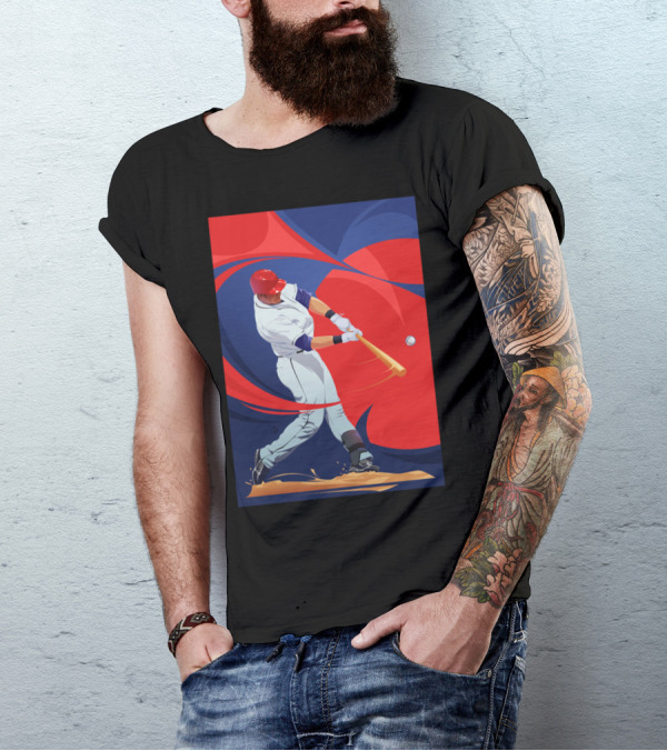 Baseball By Nik Player Swinging Red And Blue Dynamic Action T-Shirt