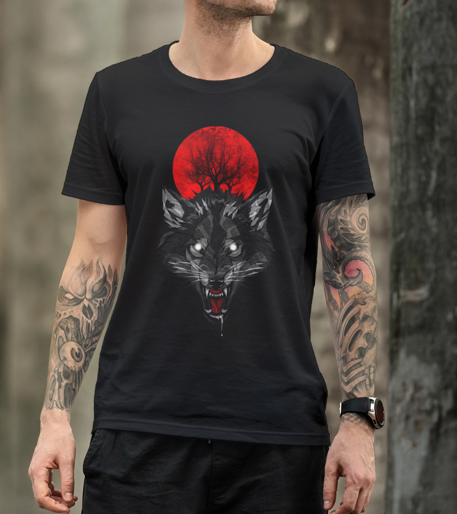 Blood Moon Wolf With Red Tree T-Shirt
