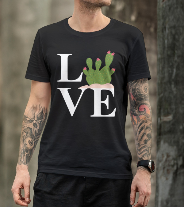 LOVE Cactus With Pink Flowers And White Letters T-Shirt