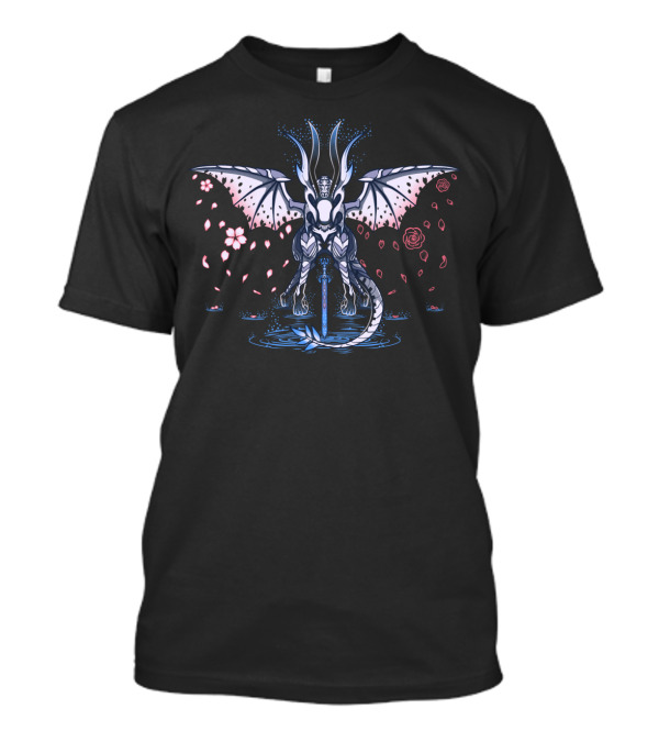 Blood Or Bonds Winged Dragon With Sword And Falling Petals T-Shirt