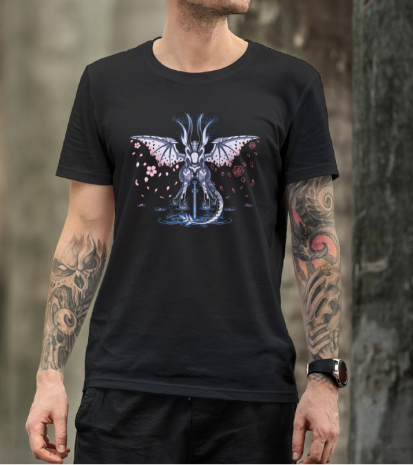 Blood Or Bonds Winged Dragon With Sword And Falling Petals T-Shirt