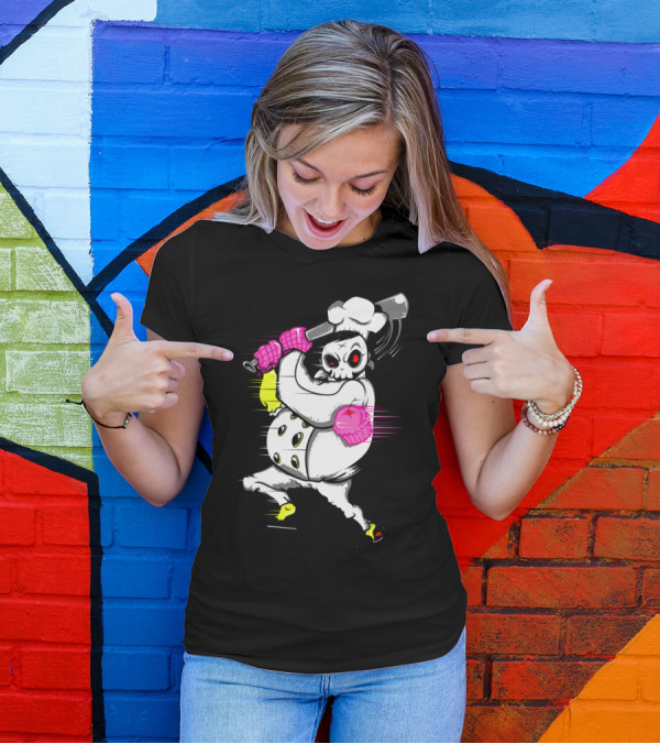 Whimsical Skeleton Chef Swings Bat Wielding Cupcake Gloves T-Shirt