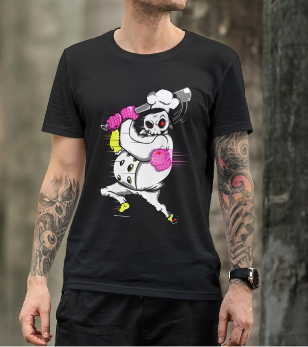Whimsical Skeleton Chef Swings Bat Wielding Cupcake Gloves T-Shirt