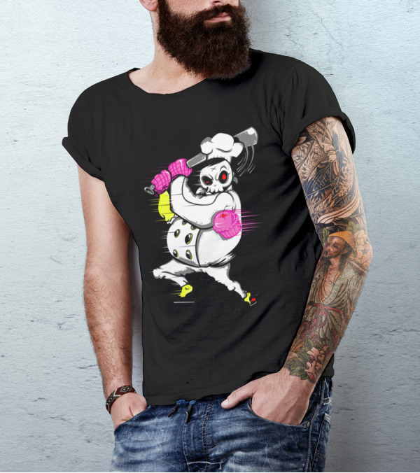 Whimsical Skeleton Chef Swings Bat Wielding Cupcake Gloves T-Shirt