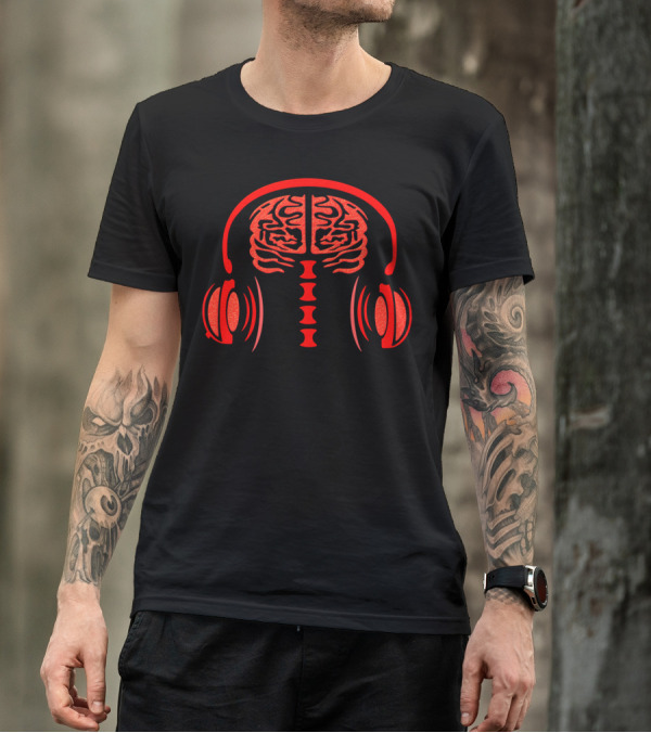 Blood Red Brain With Headphones Listening To Music T-Shirt