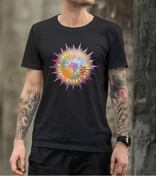 Rainbow Sunburst Psychedelic Waves Vibrant Solar Explosion T-Shirt