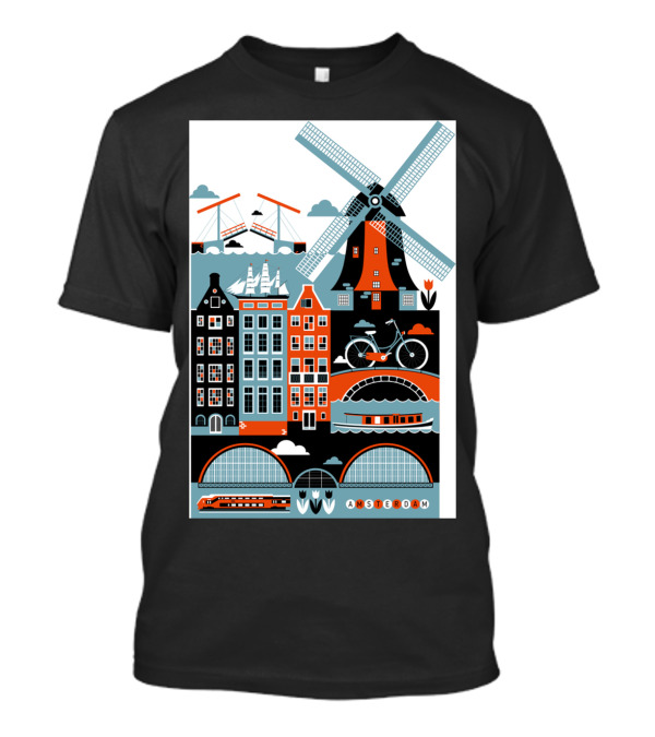Amsterdam Windmill Bicycle Canal Houses Tulip Boat Icons T-Shirt