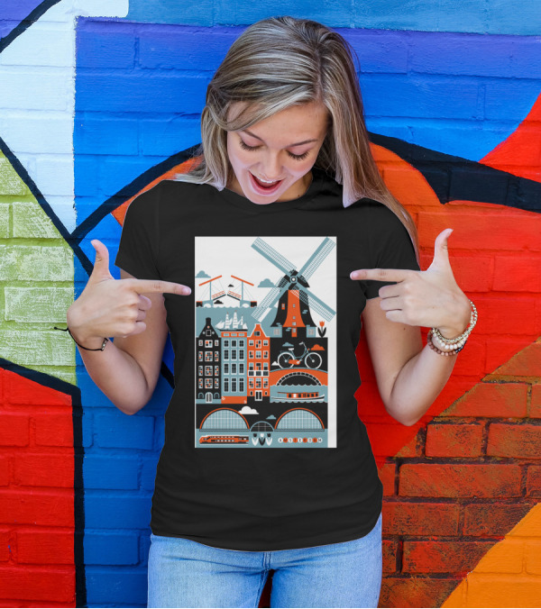 Amsterdam Windmill Bicycle Canal Houses Tulip Boat Icons T-Shirt