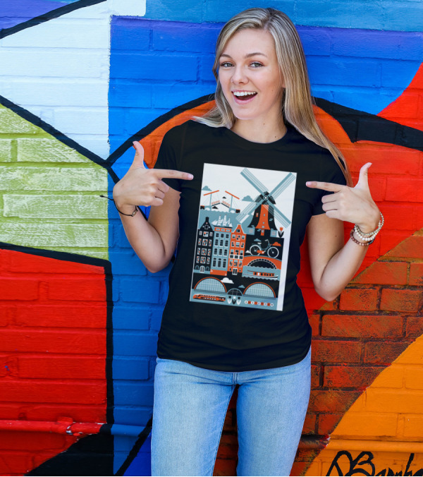 Amsterdam Windmill Bicycle Canal Houses Tulip Boat Icons T-Shirt